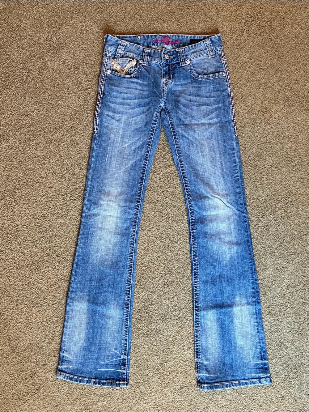 Womens Rock & Roll Cowgirl Light Blue Denim Flare Jeans Size 24x34 Western Pants